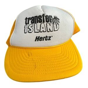 Vintage Transfer Island Hertz Trucker Hat Yellow White Mesh Snapback Cap